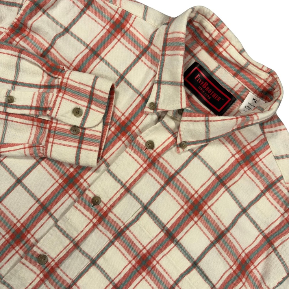FiveBrother Flannel Shirt Mens XL Beige Red Plaid Cotton Button Down Long Sleeve